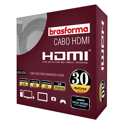 Cabo HDMI Ultra HD 4K Brasforma 3D 2.0v c/ Ethernet 30m